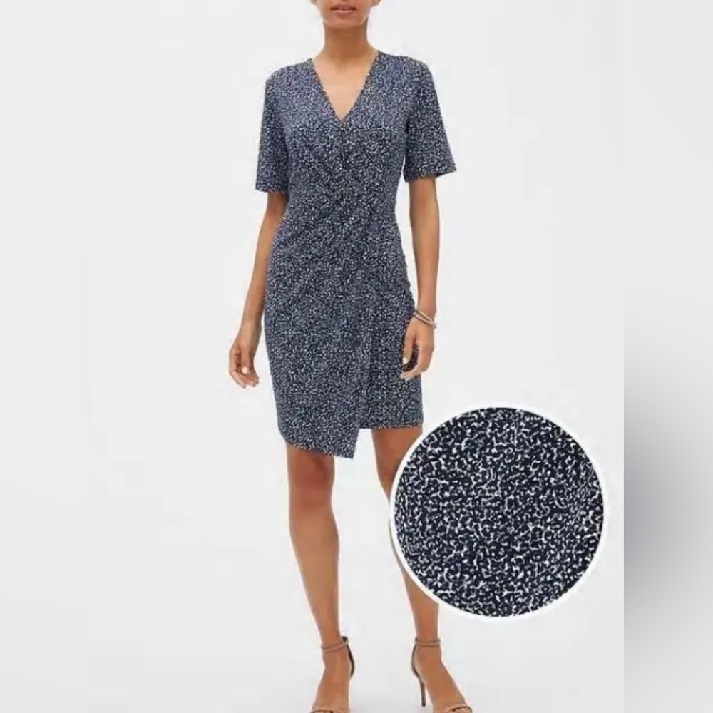 Banana Republic Speckled Print Knotted Faux Wrap Dress Stretchy Blue & Gray M